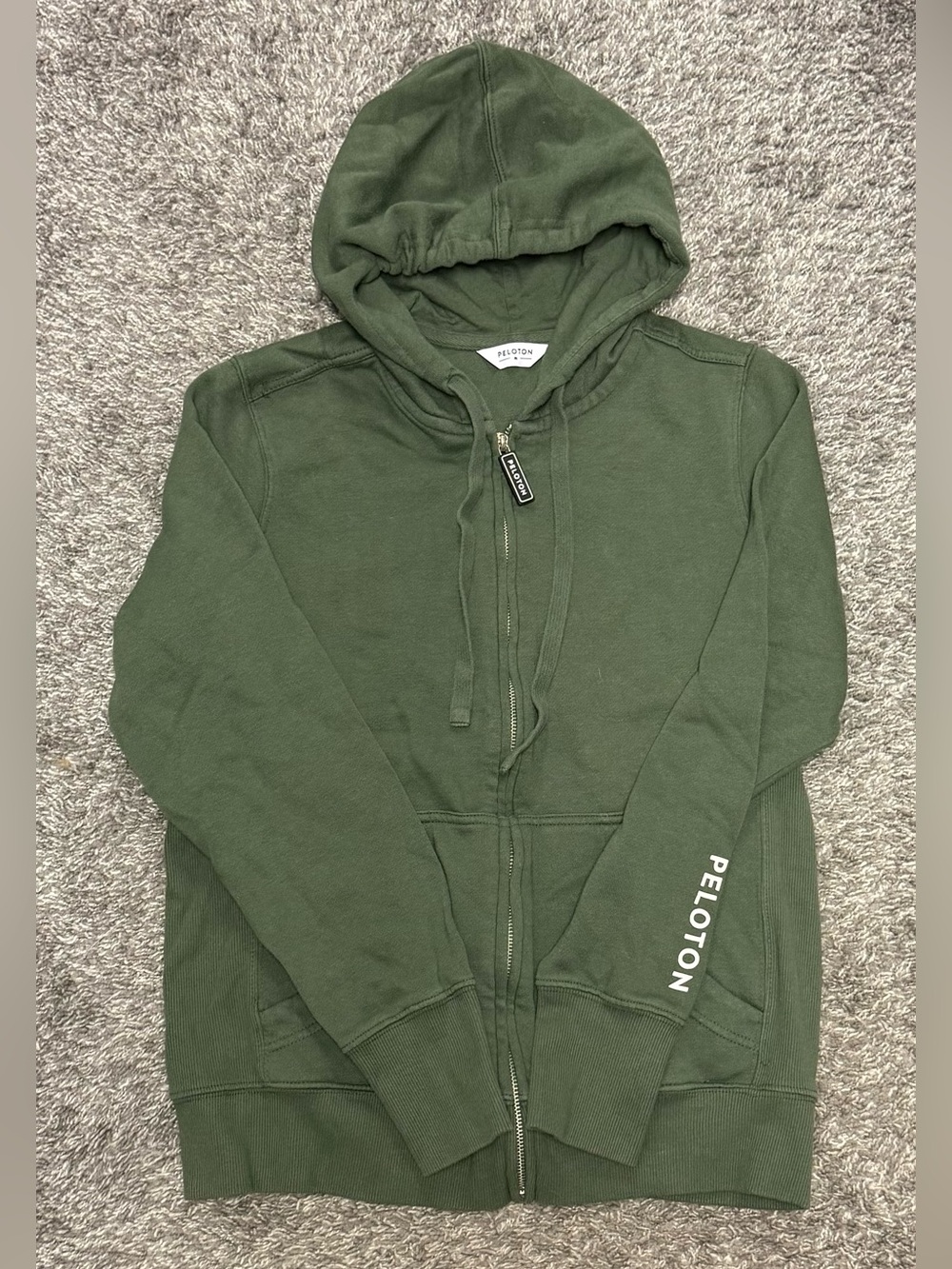 Women’s Peloton Zip Up Hoodie, Green/White, Size M (minor logo cracking on back)
